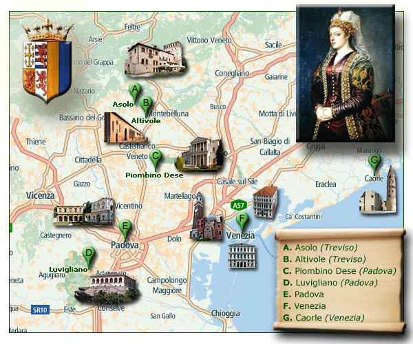 Mappa con i luoghi di Caterina Corner nel Veneto